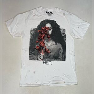 H.E.R. Graphic T-shirt Women Medium White Distressed Short Sleeve Music